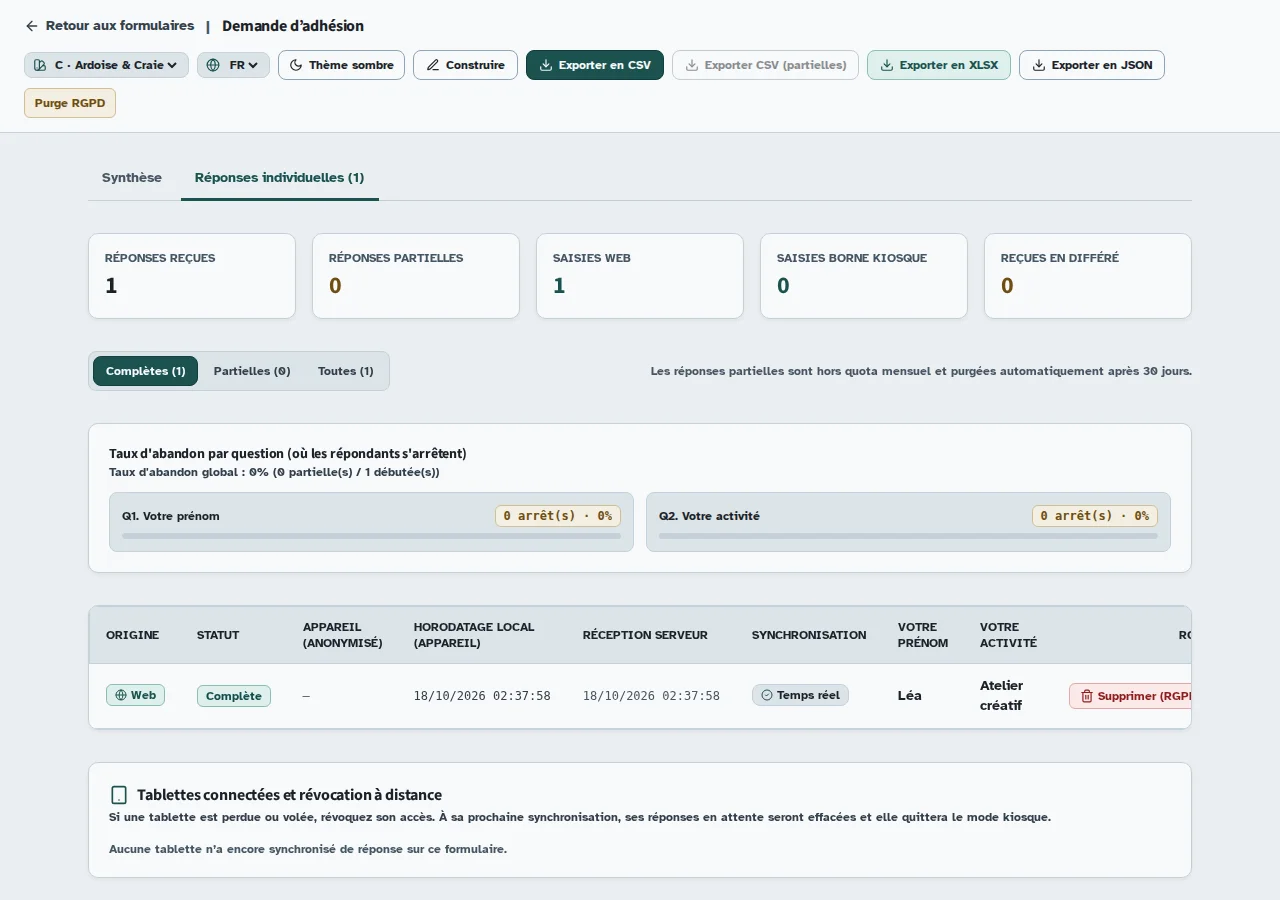 Liste Kiosform des demandes d’adhésion de démonstration, avec le prénom Léa et l’activité Atelier créatif.