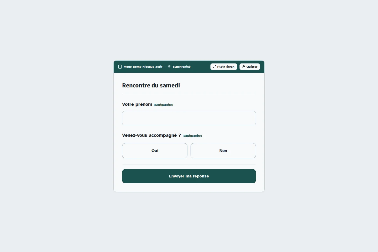 Écran Kiosform : ouvrir le mode borne dans un navigateur, avec des données de démonstration.