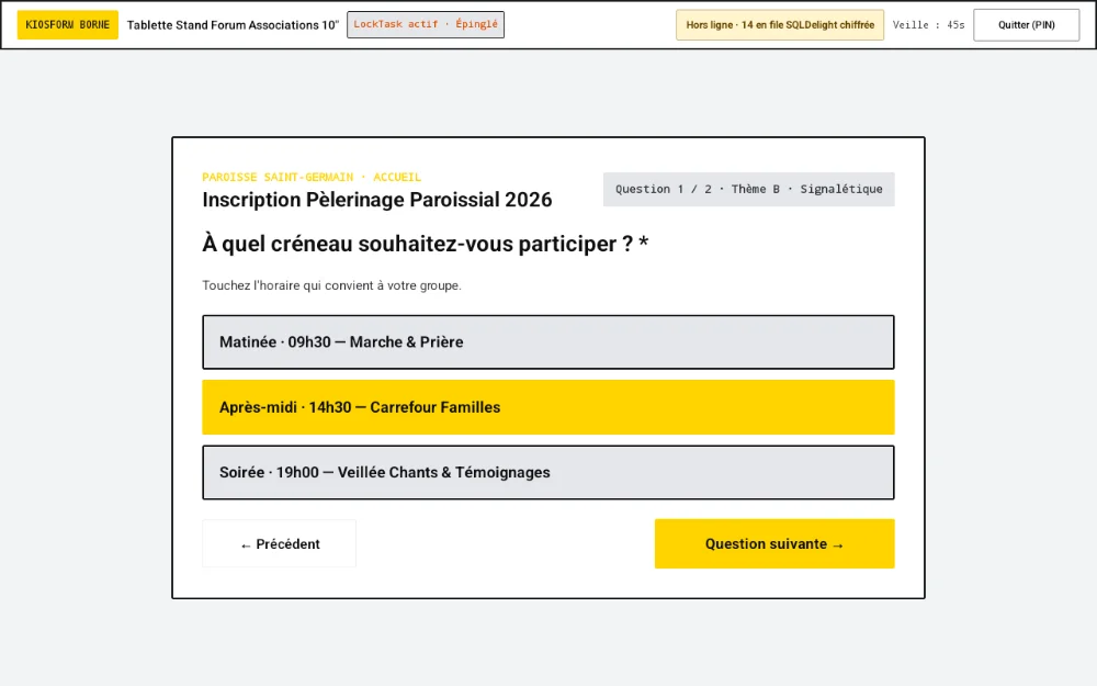 Écran de la borne Kiosform affichant une question et les choix proposés au participant.