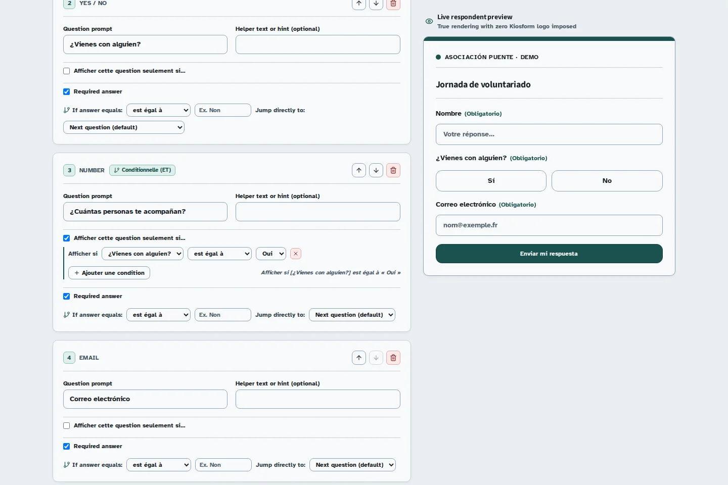 Pantalla de Kiosform: Mostrar una pregunta según una respuesta, con datos de ejemplo.