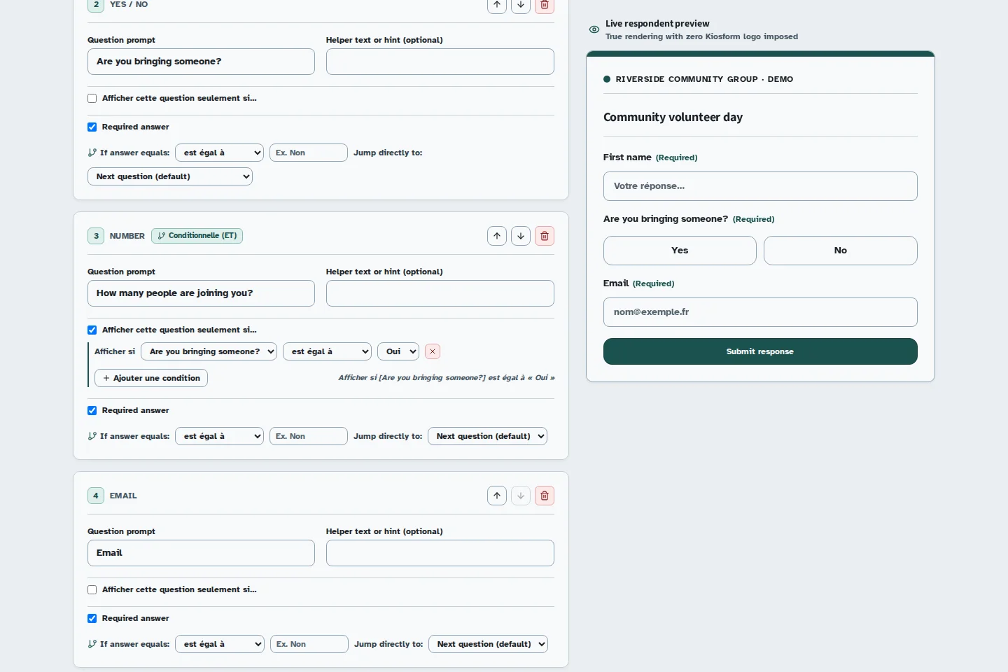 Kiosform screen: Show a question based on an answer, with sample data.