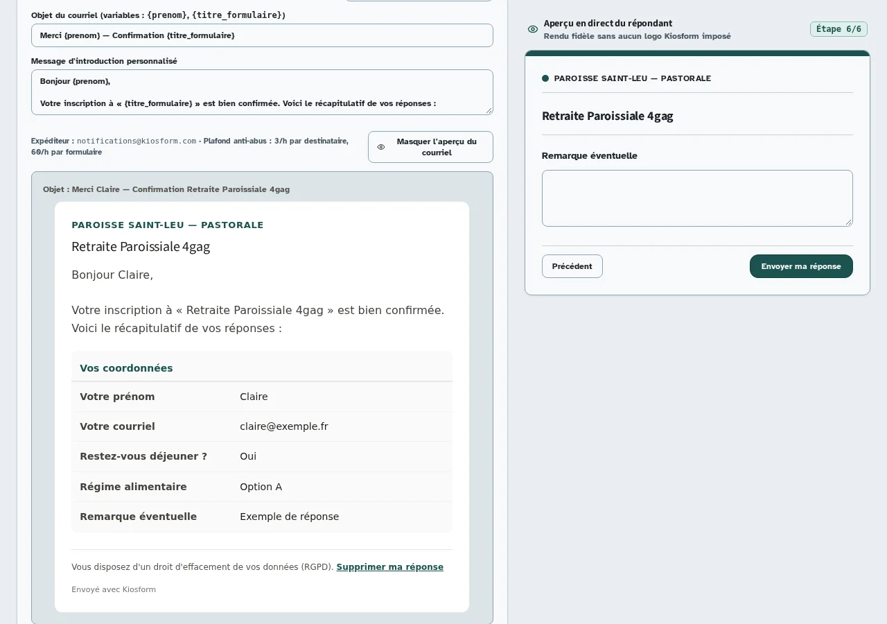 Réglages du courriel de confirmation dans Kiosform et aperçu du message reçu par le participant.