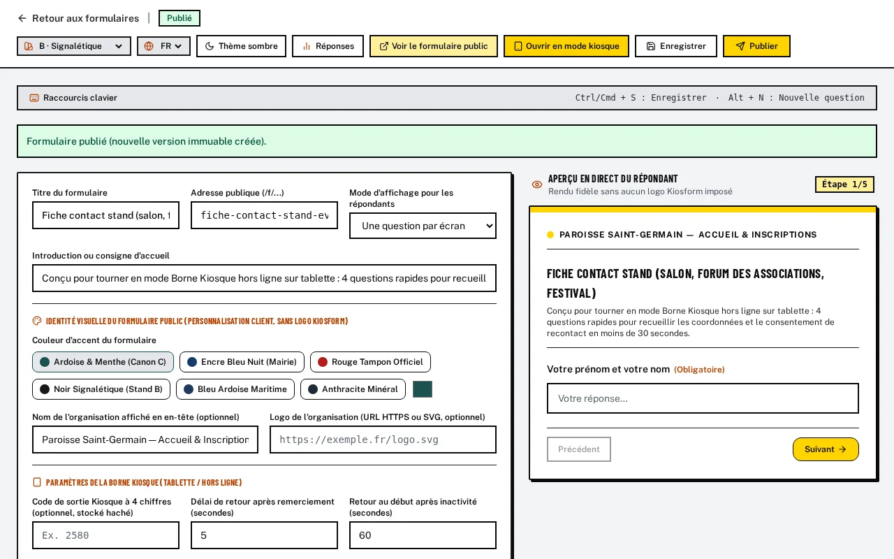 Le constructeur Kiosform : réglages du formulaire à gauche et aperçu interactif du participant à droite.