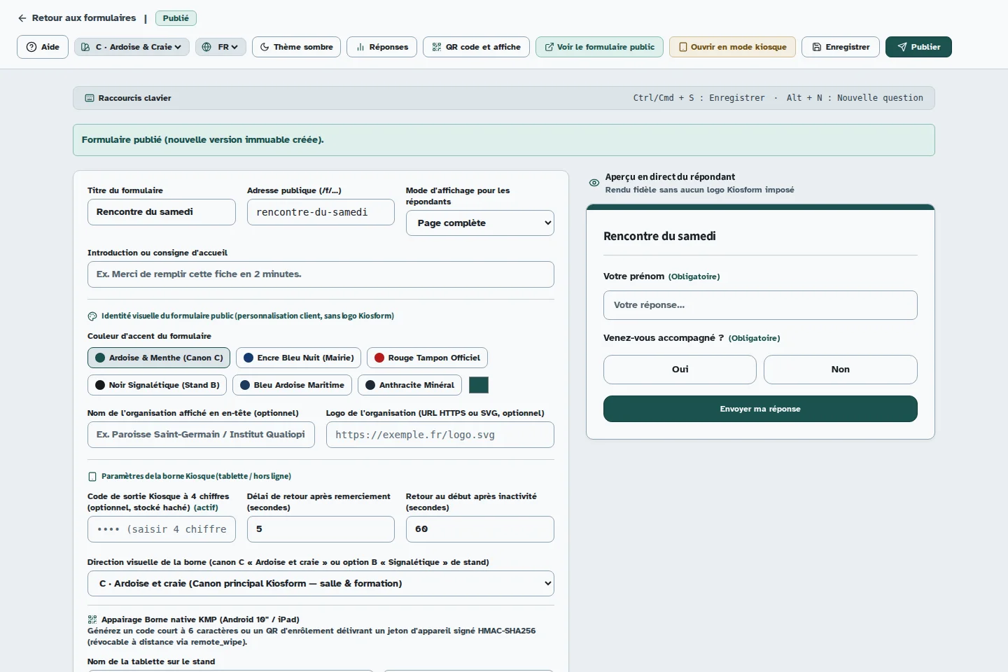 Écran Kiosform : créer et publier un formulaire, avec des données de démonstration.
