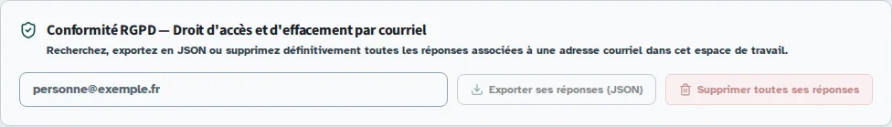 Écran Kiosform : exporter et supprimer des données personnelles, avec des données de démonstration.