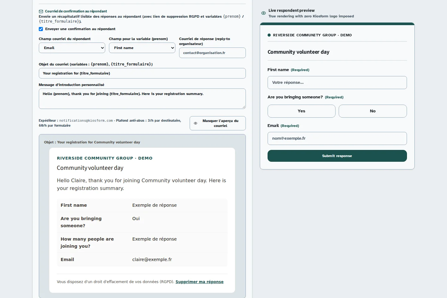A Kiosform email preview showing a custom message, a registration summary, and a response-deletion link.