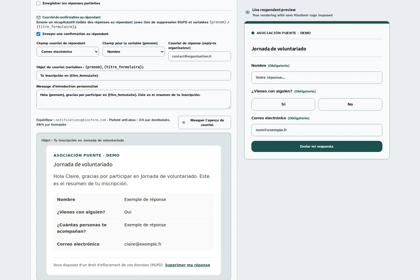 Vista previa de un correo de Kiosform con un mensaje personalizado, el resumen de una inscripción y un enlace para eliminar la respuesta.