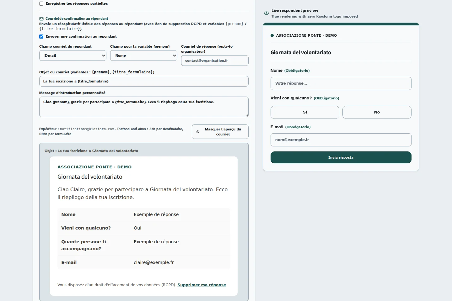 Anteprima di un'email Kiosform con un messaggio personalizzato, il riepilogo di un'iscrizione e un link per cancellare la risposta.