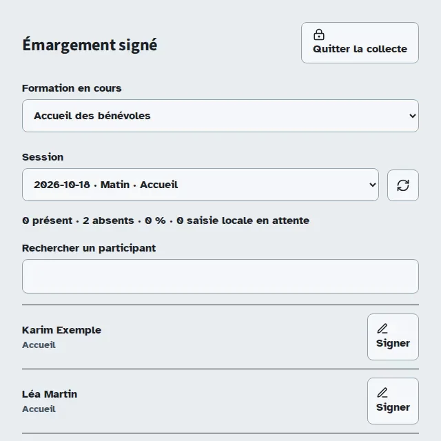 Liste des participants avant les signatures de Léa et Karim dans la collecte web Kiosform.
