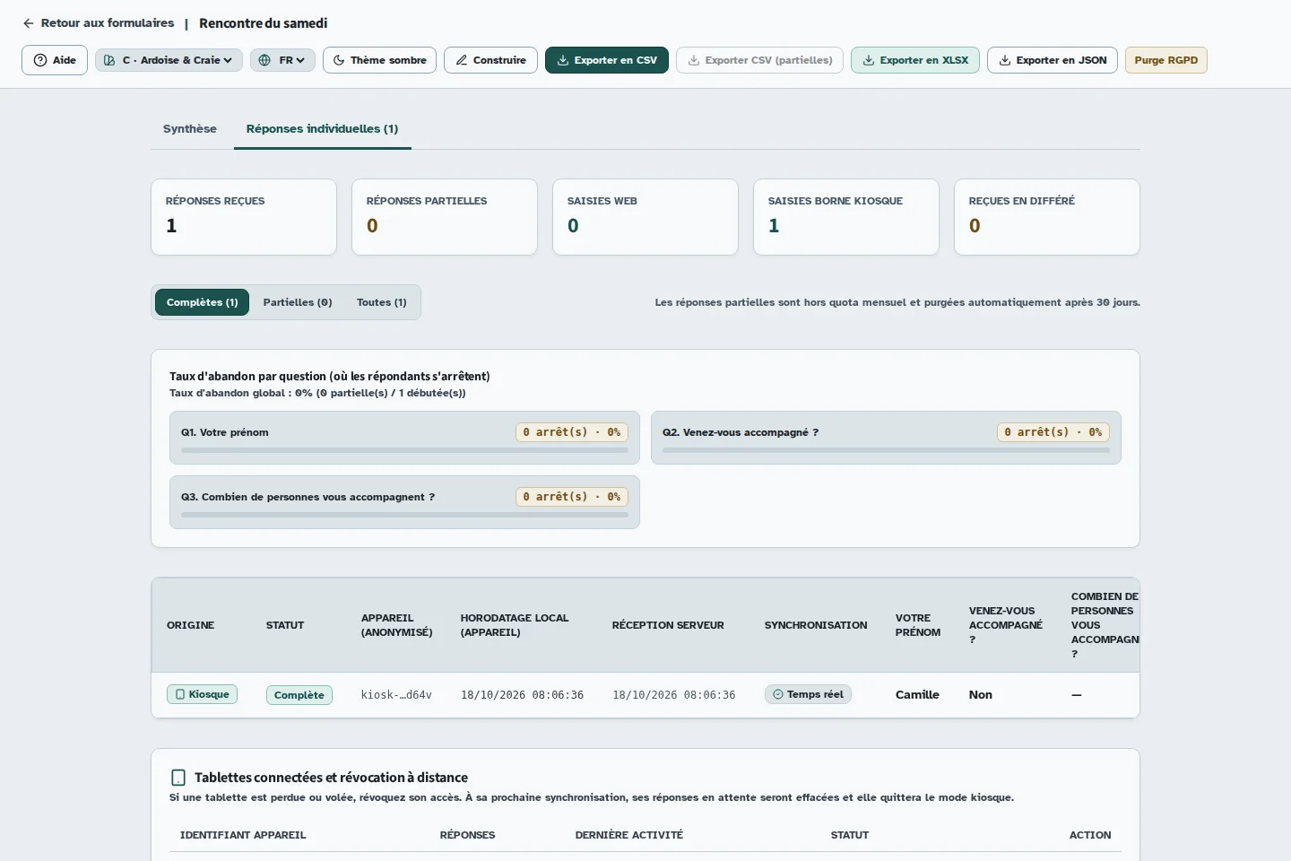 Écran Kiosform : lire les réponses et exporter vos résultats, avec des données de démonstration.