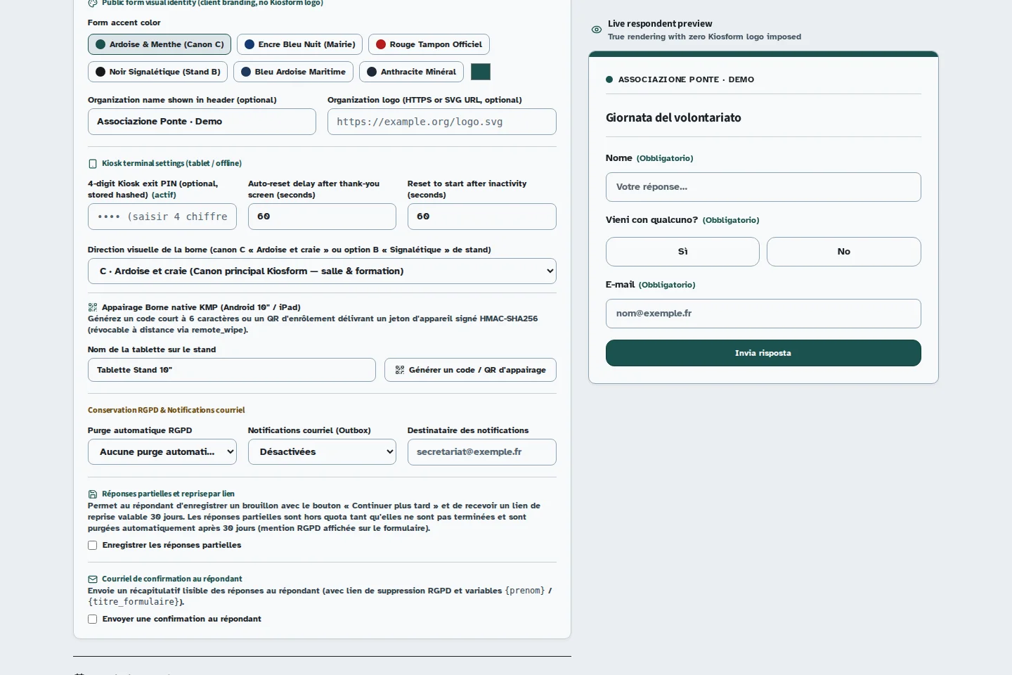 Schermata Kiosform: Configurare e associare un chiosco Android, con dati di esempio.