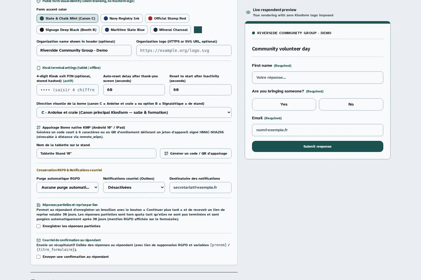 Kiosform screen: Set up and pair an Android kiosk, with sample data.