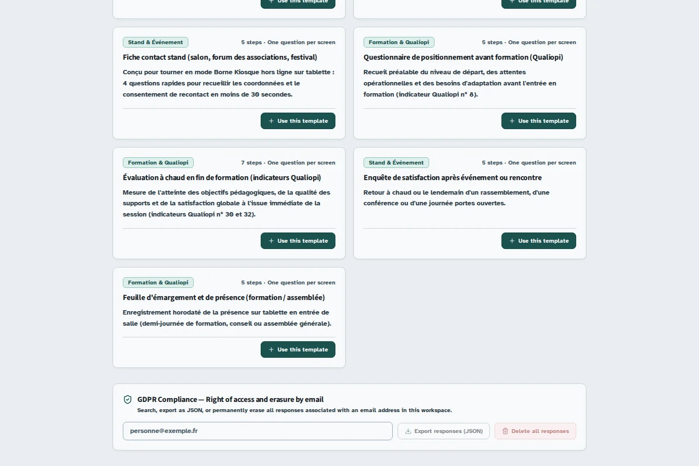 Pantalla de Kiosform: Exportar y eliminar datos personales, con datos de ejemplo.