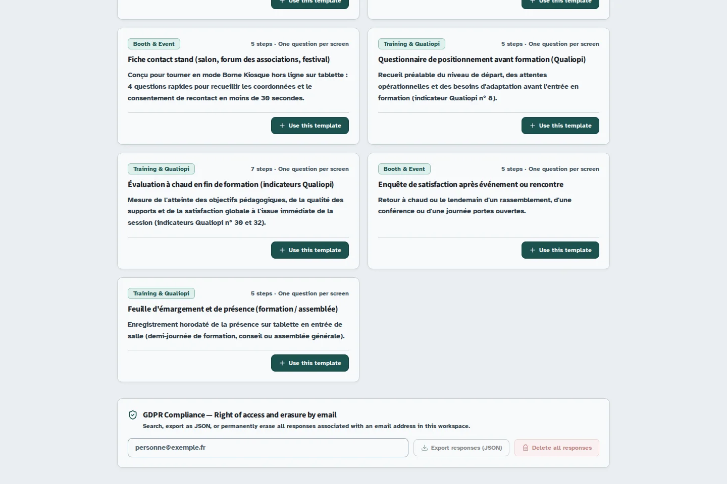 Kiosform screen: Export and delete personal data, with sample data.