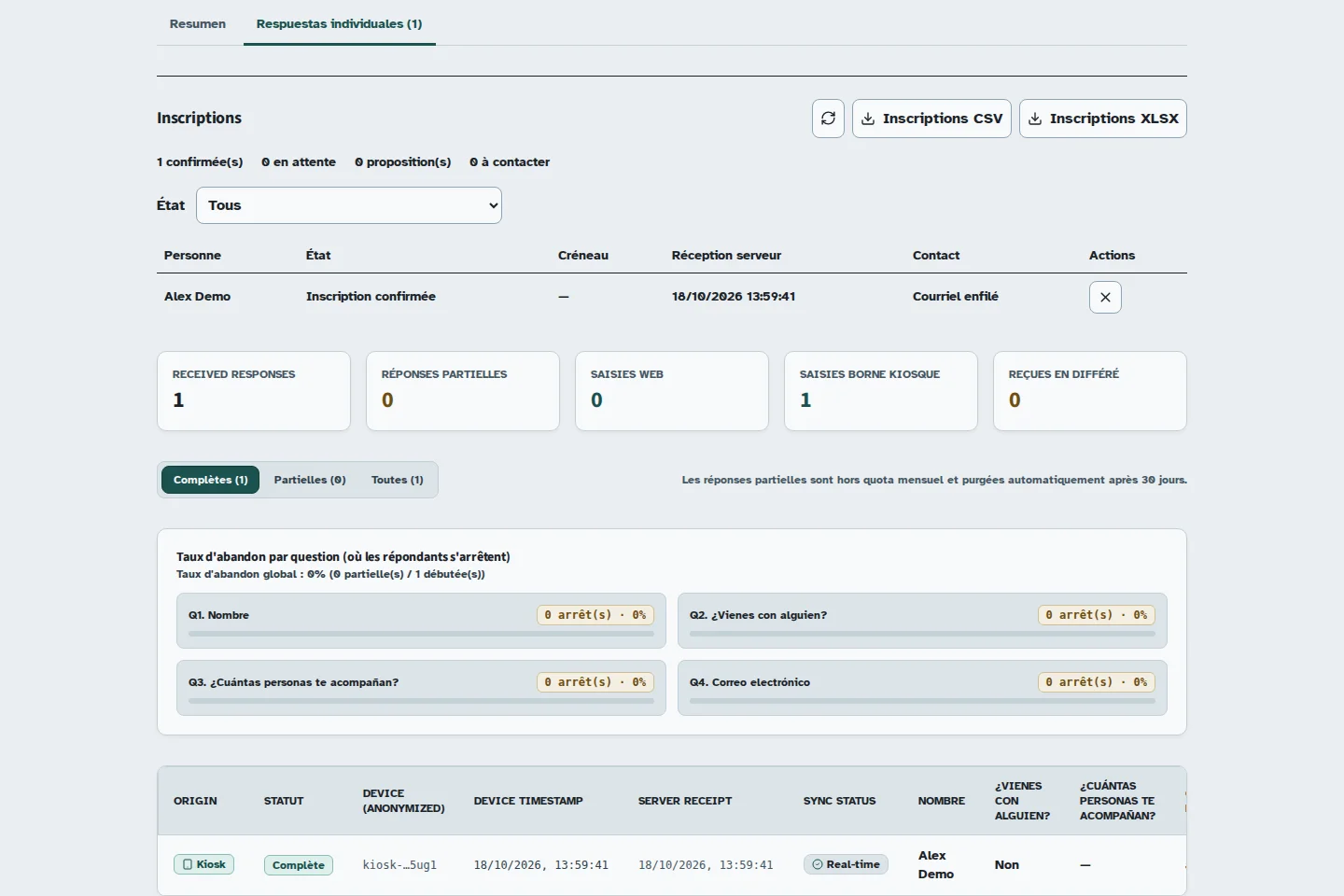 Pantalla de Kiosform: Consultar las respuestas y exportar los resultados, con datos de ejemplo.