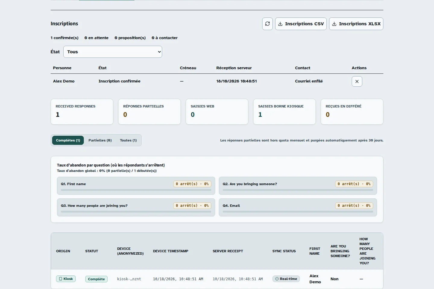 Kiosform screen: View responses and export your results, with sample data.