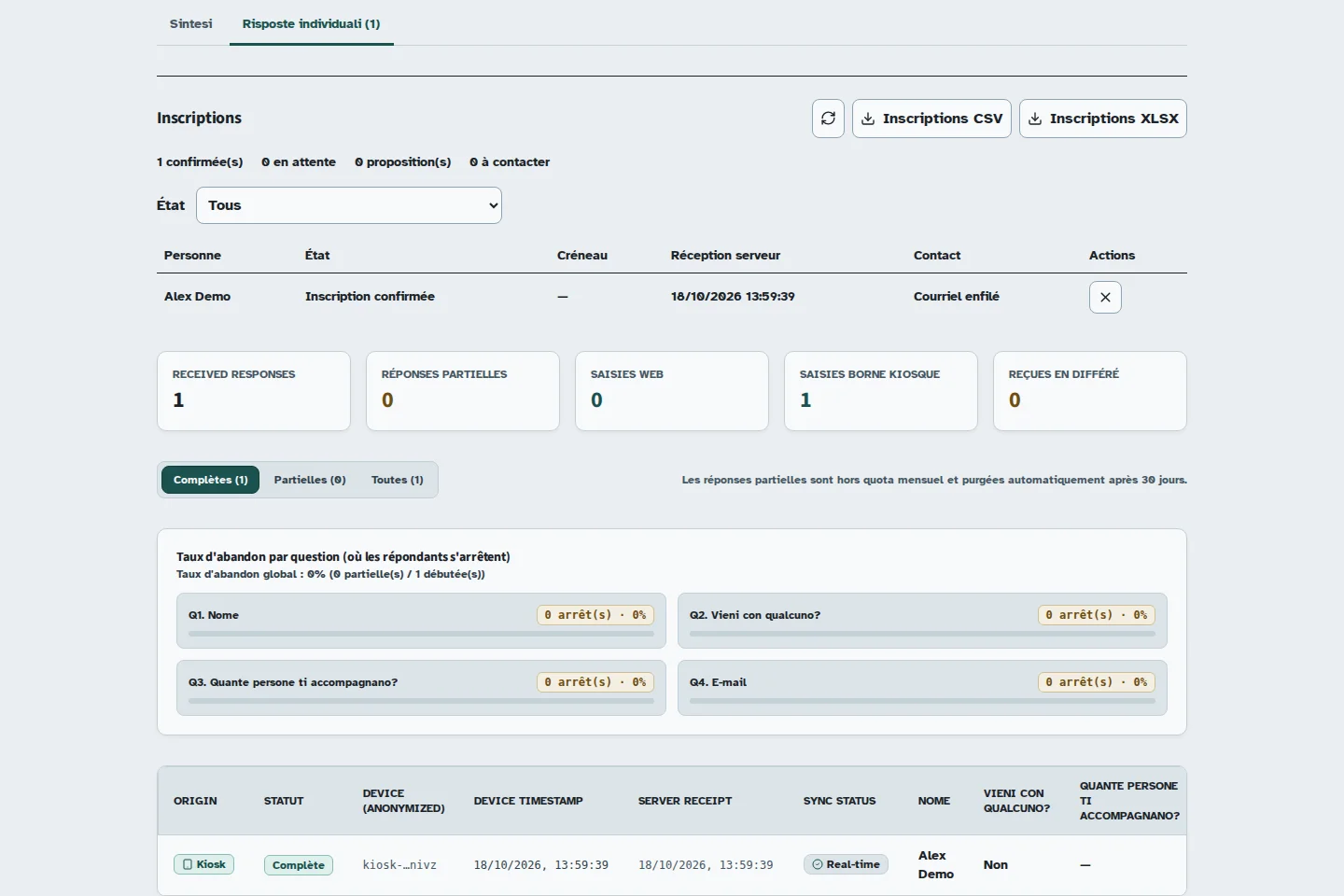 Schermata Kiosform: Consultare le risposte ed esportare i risultati, con dati di esempio.