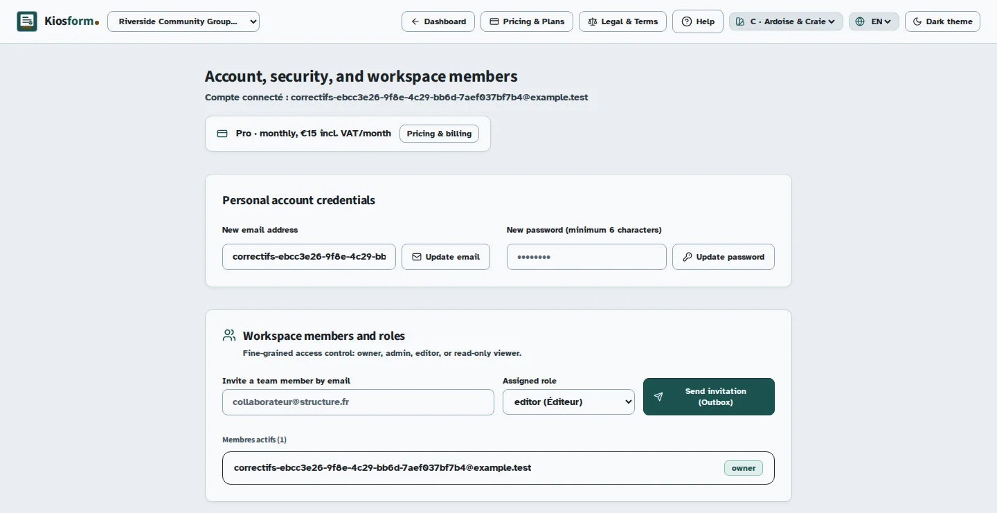 Kiosform screen: Manage your plan and billing, with sample data.