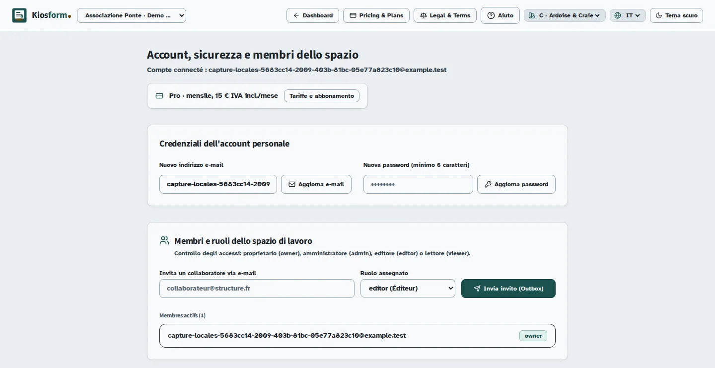 Schermata Kiosform: Gestire il piano e la fatturazione, con dati di esempio.