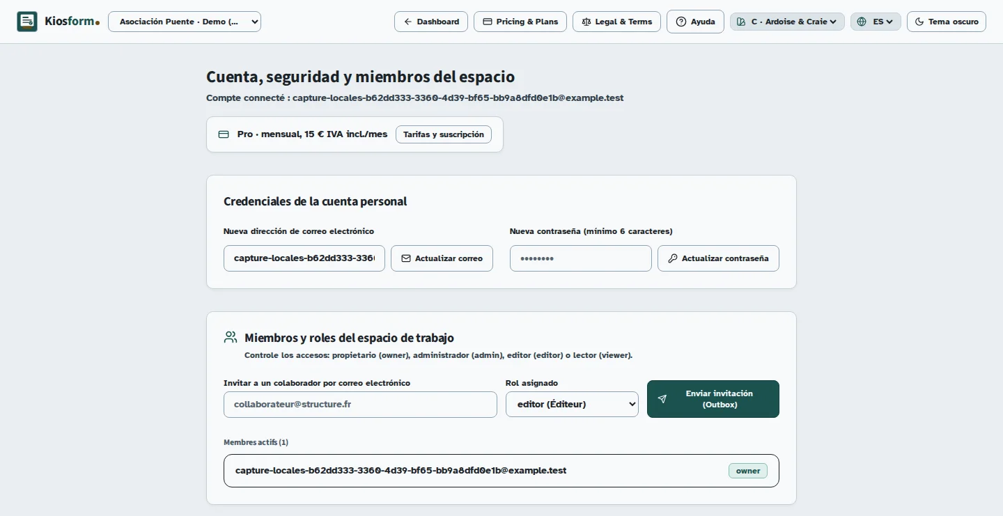 Pantalla de Kiosform: Gestionar su plan y la facturación, con datos de ejemplo.