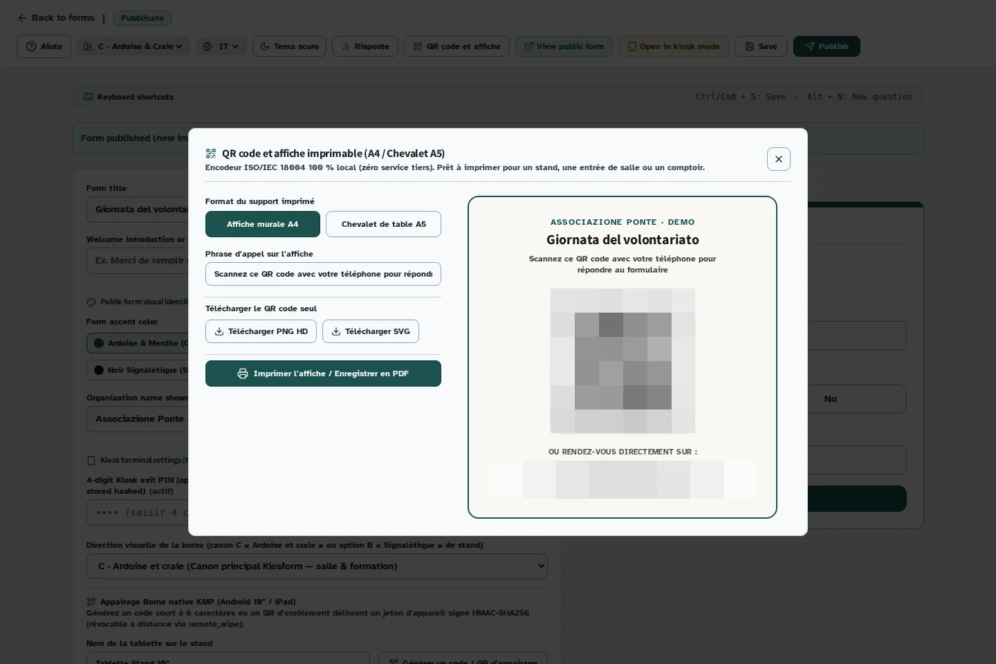 Schermata Kiosform: Scaricare un codice QR o una locandina, con dati di esempio.