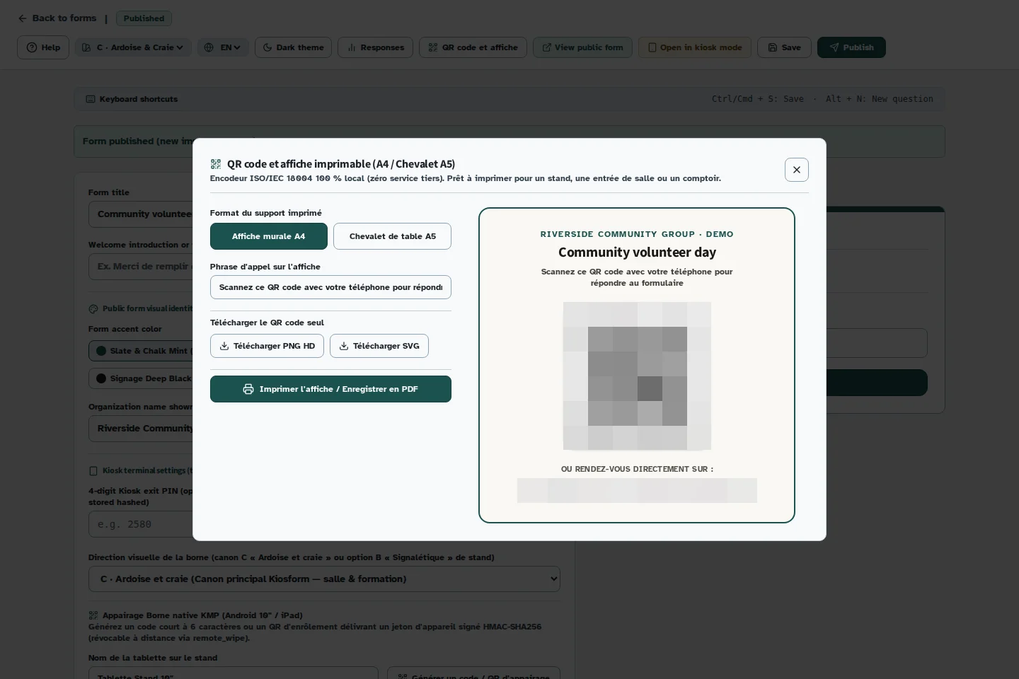 Kiosform screen: Download a QR code or poster, with sample data.
