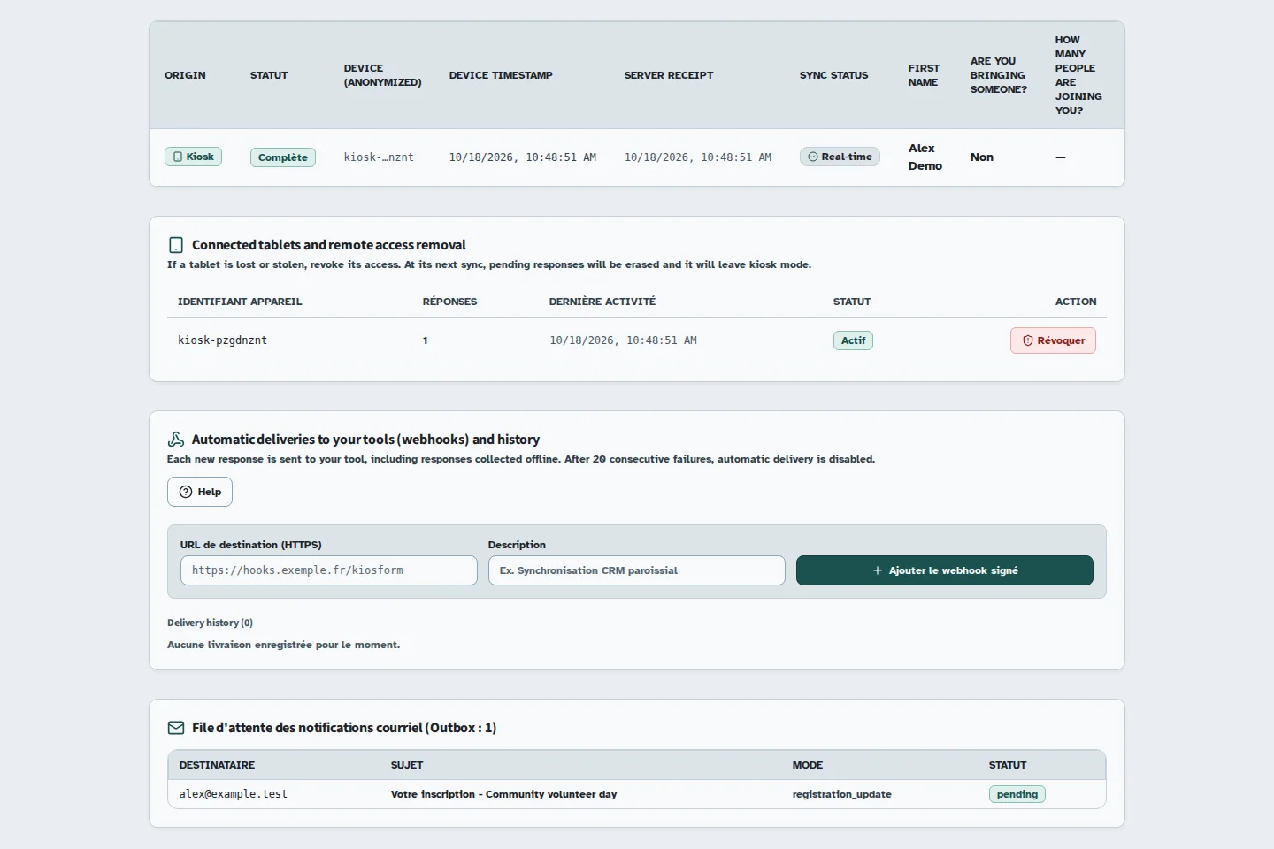 Kiosform screen: Receive and verify a signed webhook, with sample data.
