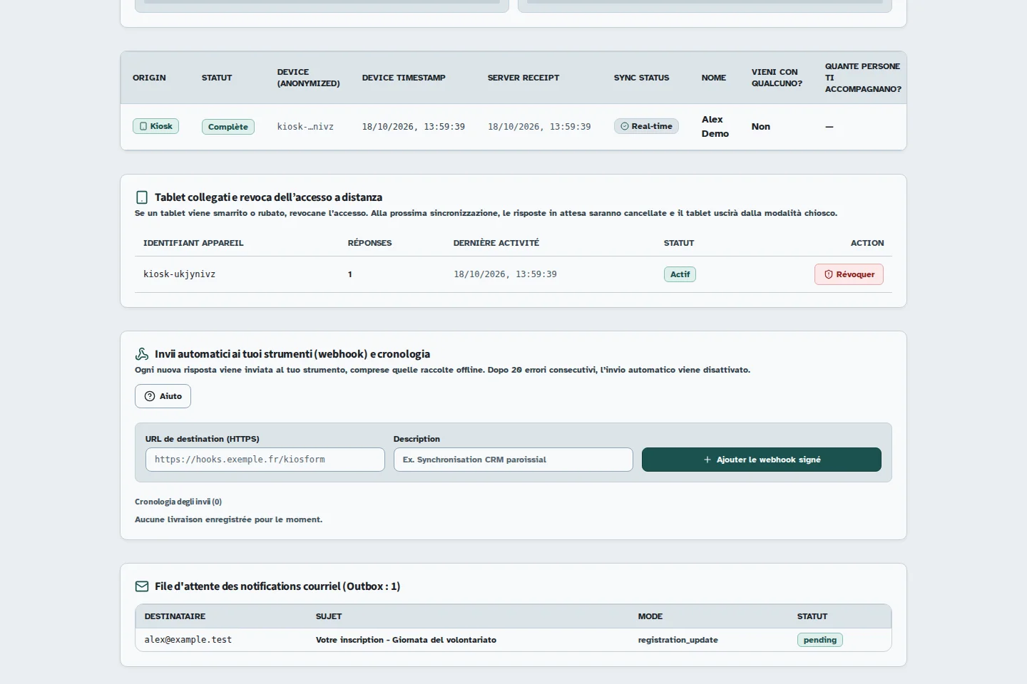 Schermata Kiosform: Ricevere e verificare un webhook firmato, con dati di esempio.
