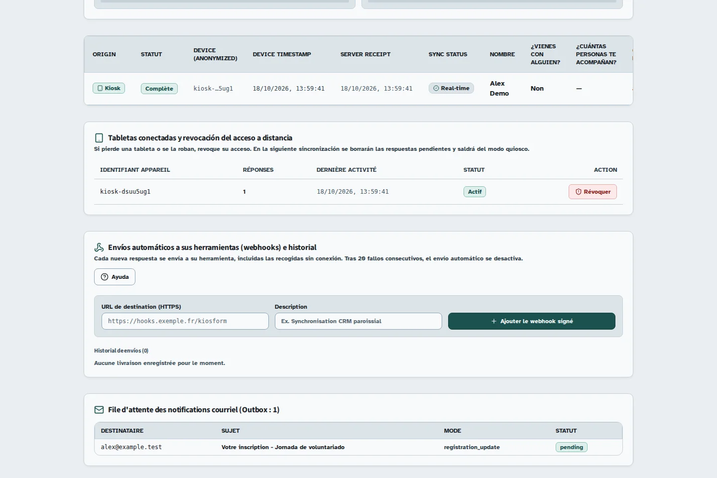 Pantalla de Kiosform: Recibir y verificar un webhook firmado, con datos de ejemplo.