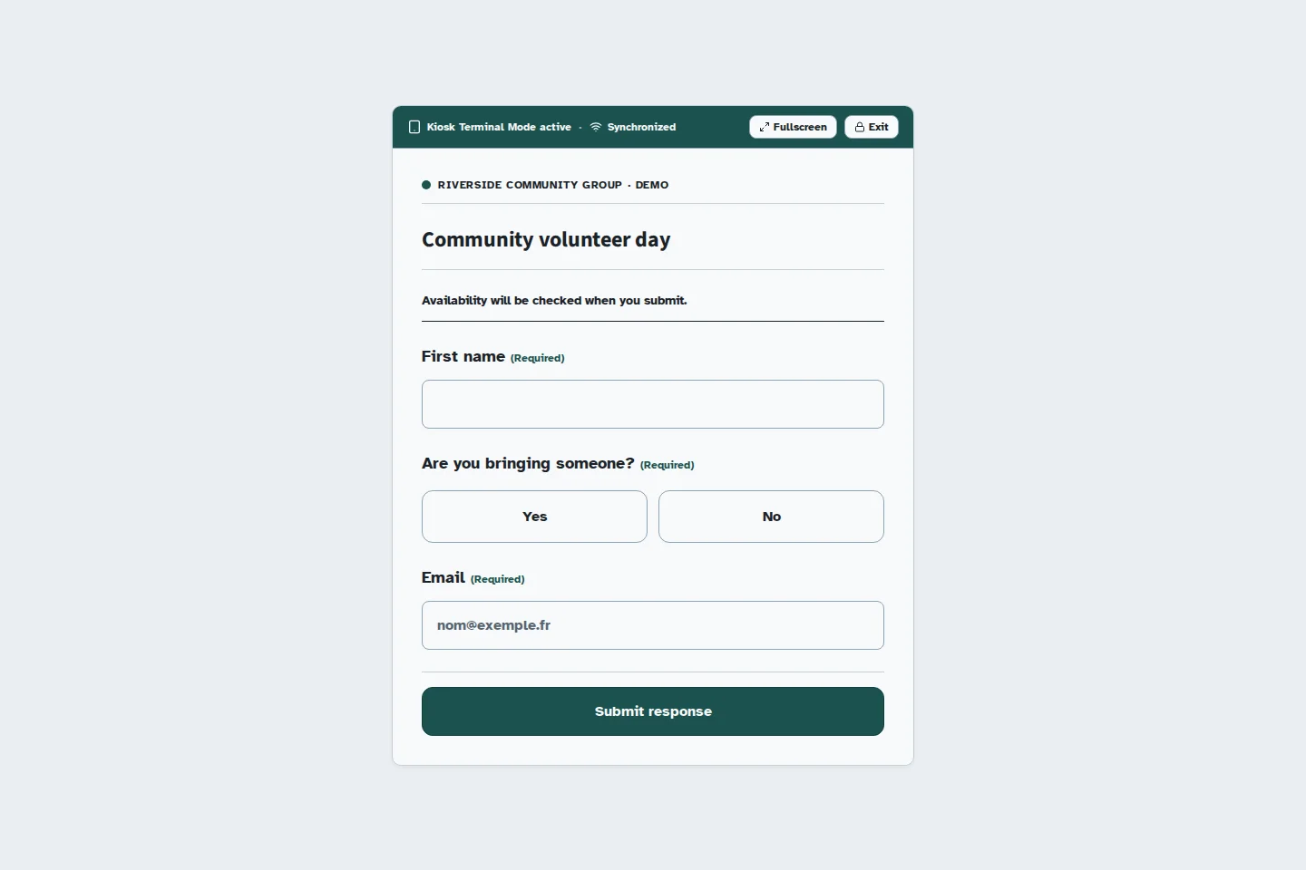 A demonstration registration form in browser kiosk mode, with First name, Yes/No and Email fields, plus a synchronised status.