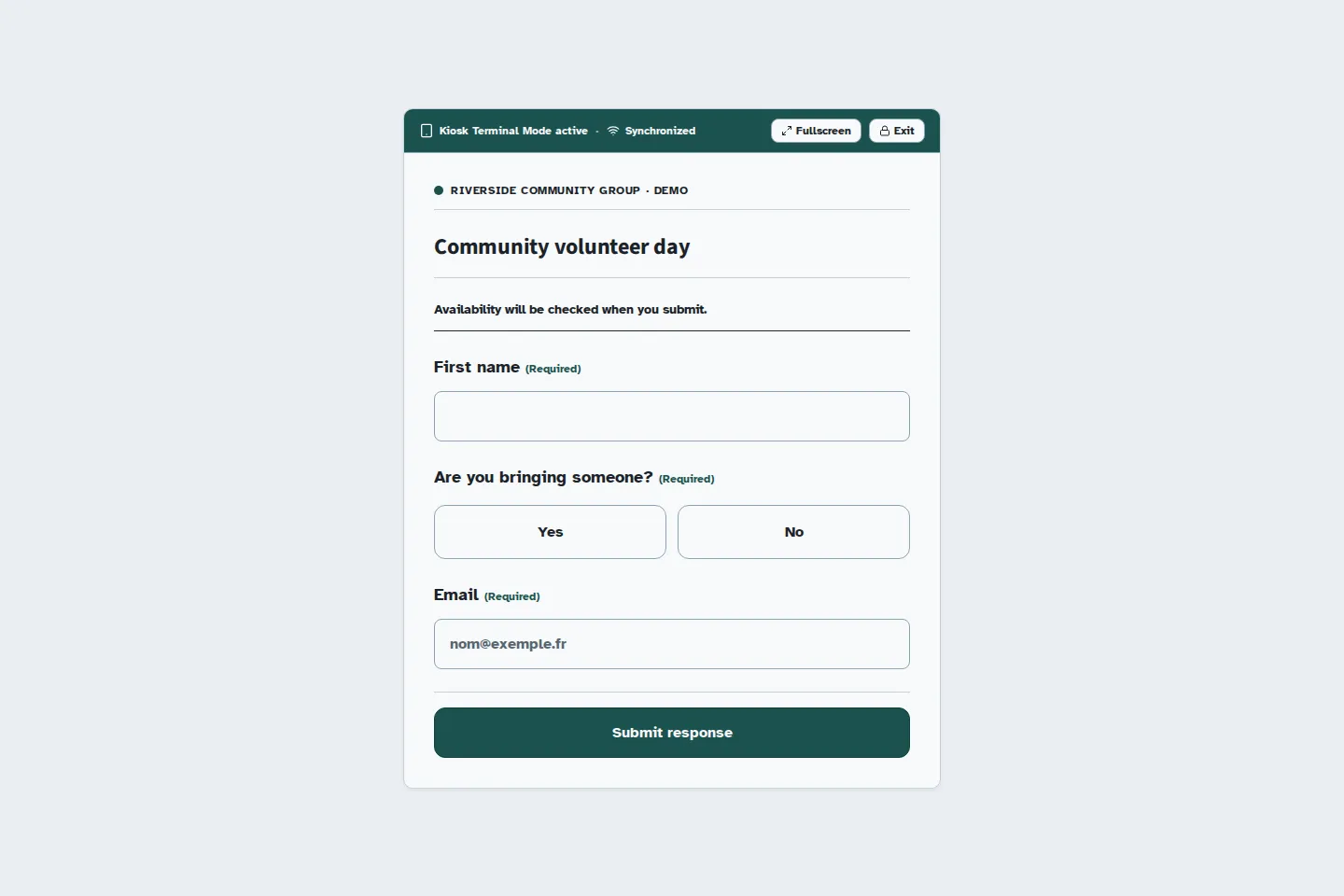 A demonstration registration form in browser kiosk mode, with First name, Yes/No and Email fields, plus a synchronised status.