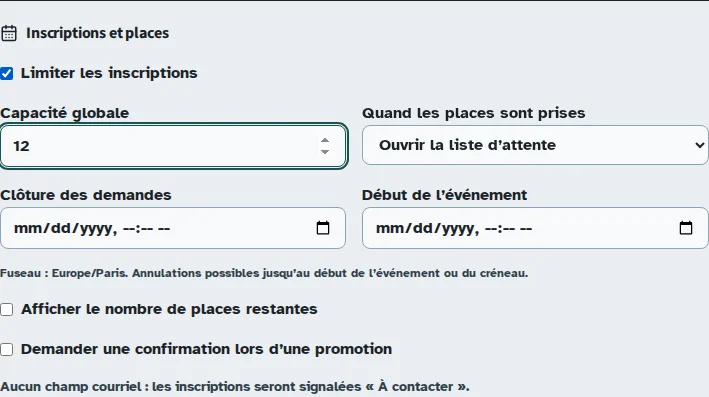 Écran Kiosform : gérer les places, créneaux et listes d’attente, avec des données de démonstration.