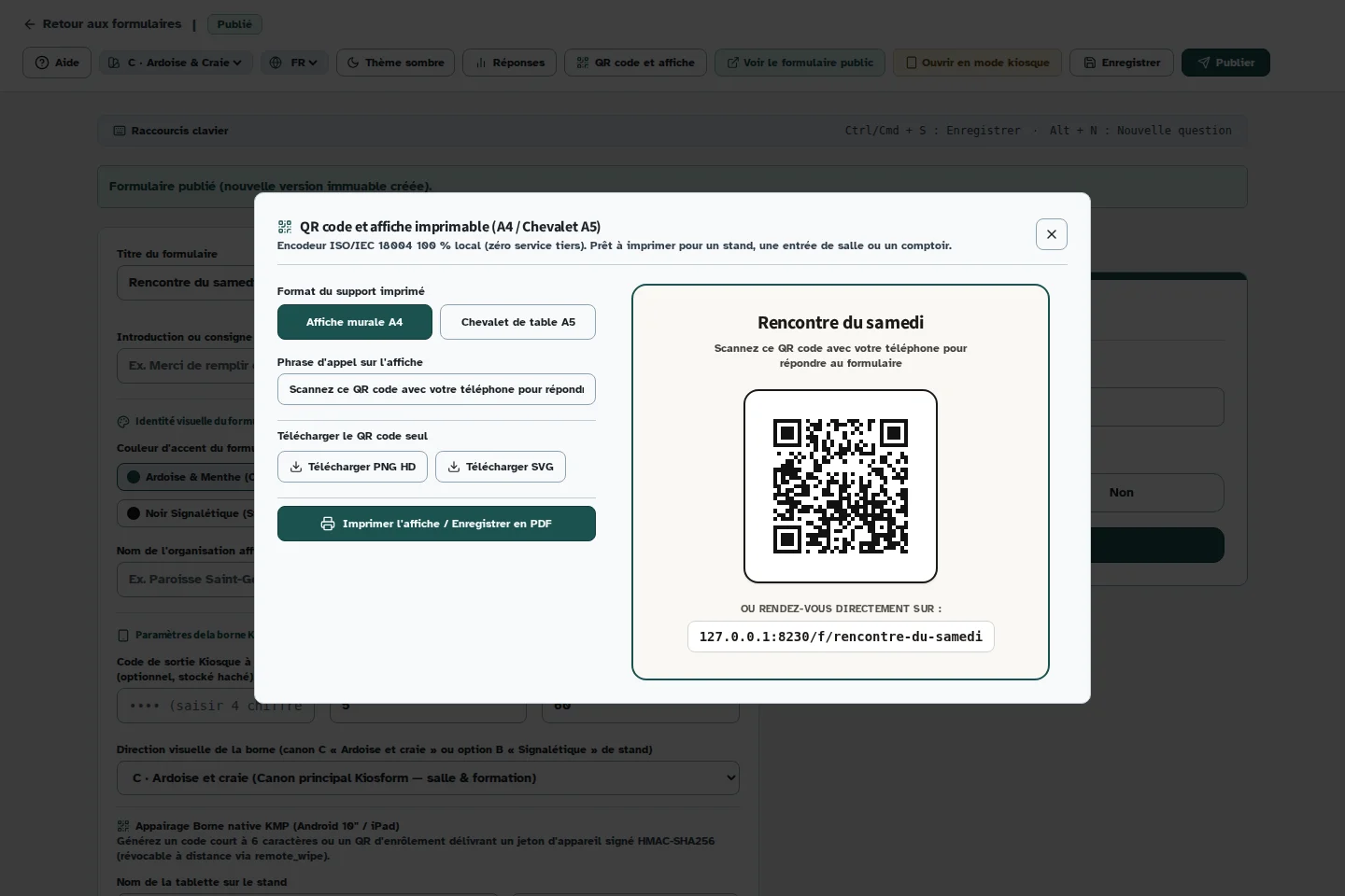 Écran Kiosform : télécharger un qr code ou une affiche, avec des données de démonstration.