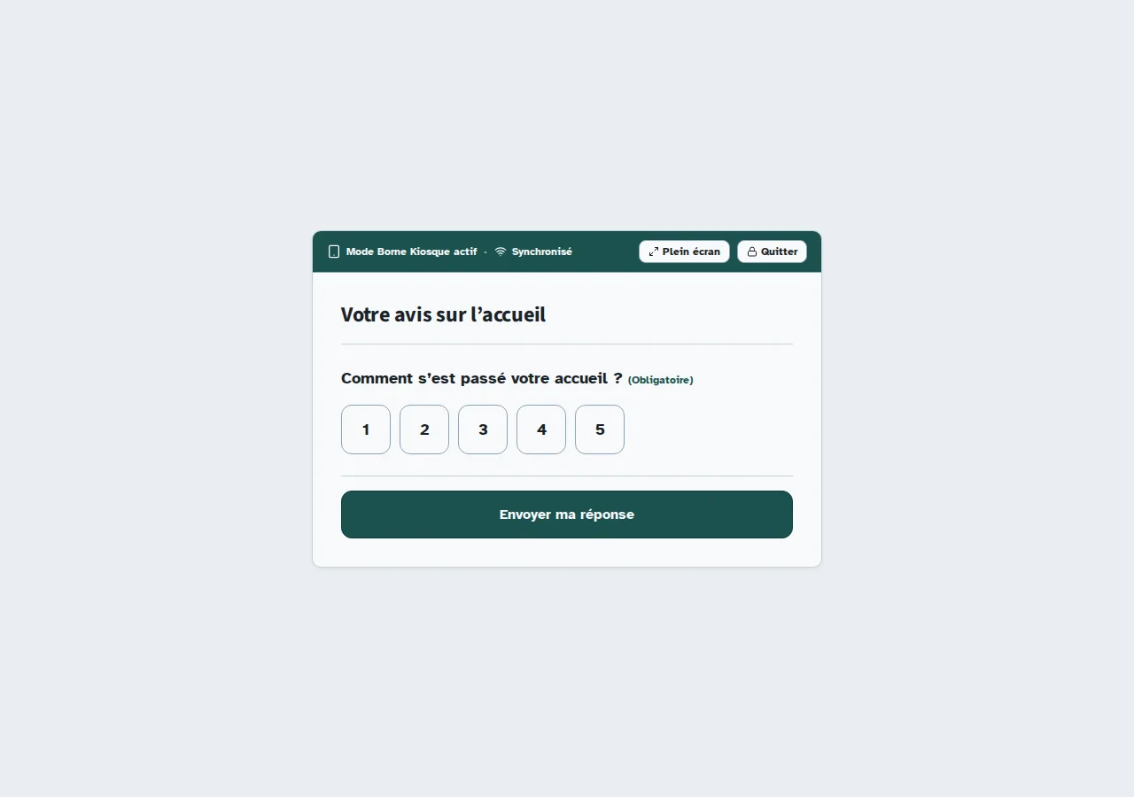 Questionnaire Kiosform de démonstration sur l’accueil, ouvert en mode kiosque web avec cinq boutons numériques de 1 à 5.