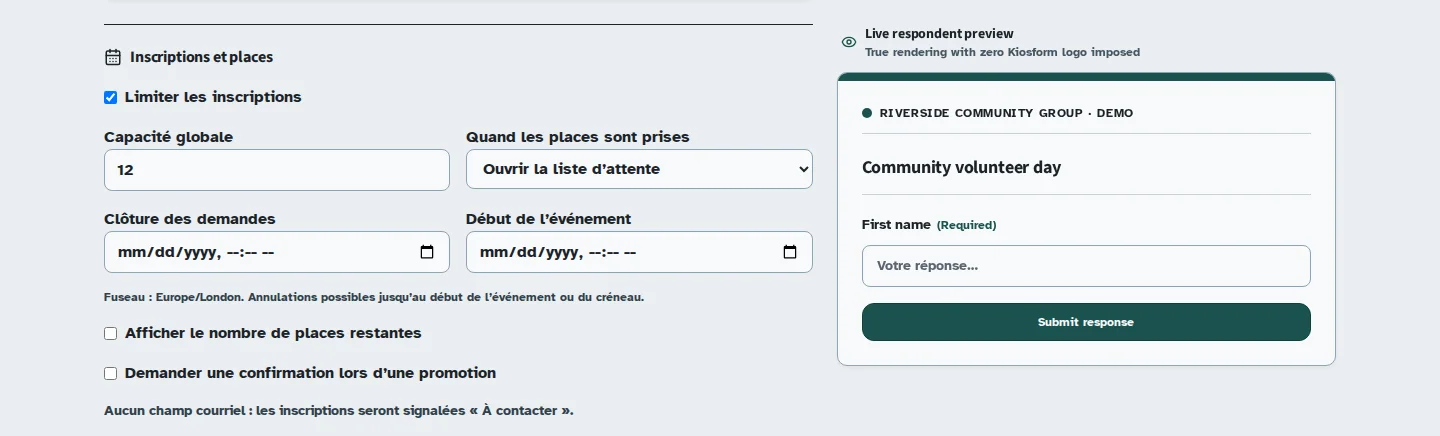 Registration capacity and waiting-list settings in Kiosform, using demonstration data.