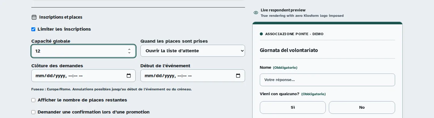 Impostazioni della capienza e della lista d'attesa in Kiosform, con dati dimostrativi.