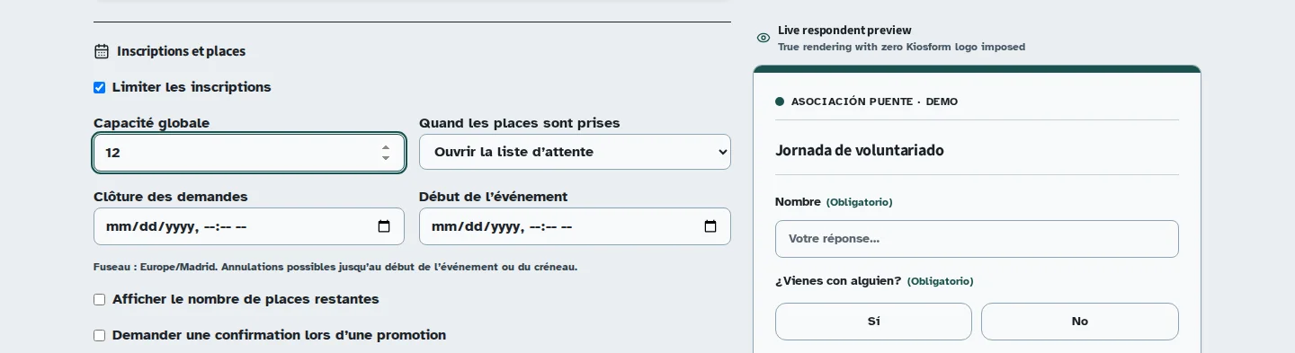 Ajustes del aforo de inscripción y de la lista de espera en Kiosform, con datos de demostración.