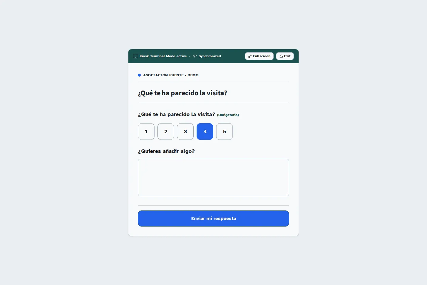 Encuesta de demostración en modo quiosco web con la pregunta «¿Qué te ha parecido la visita?», botones de puntuación del 1 al 5 y el 4 seleccionado.