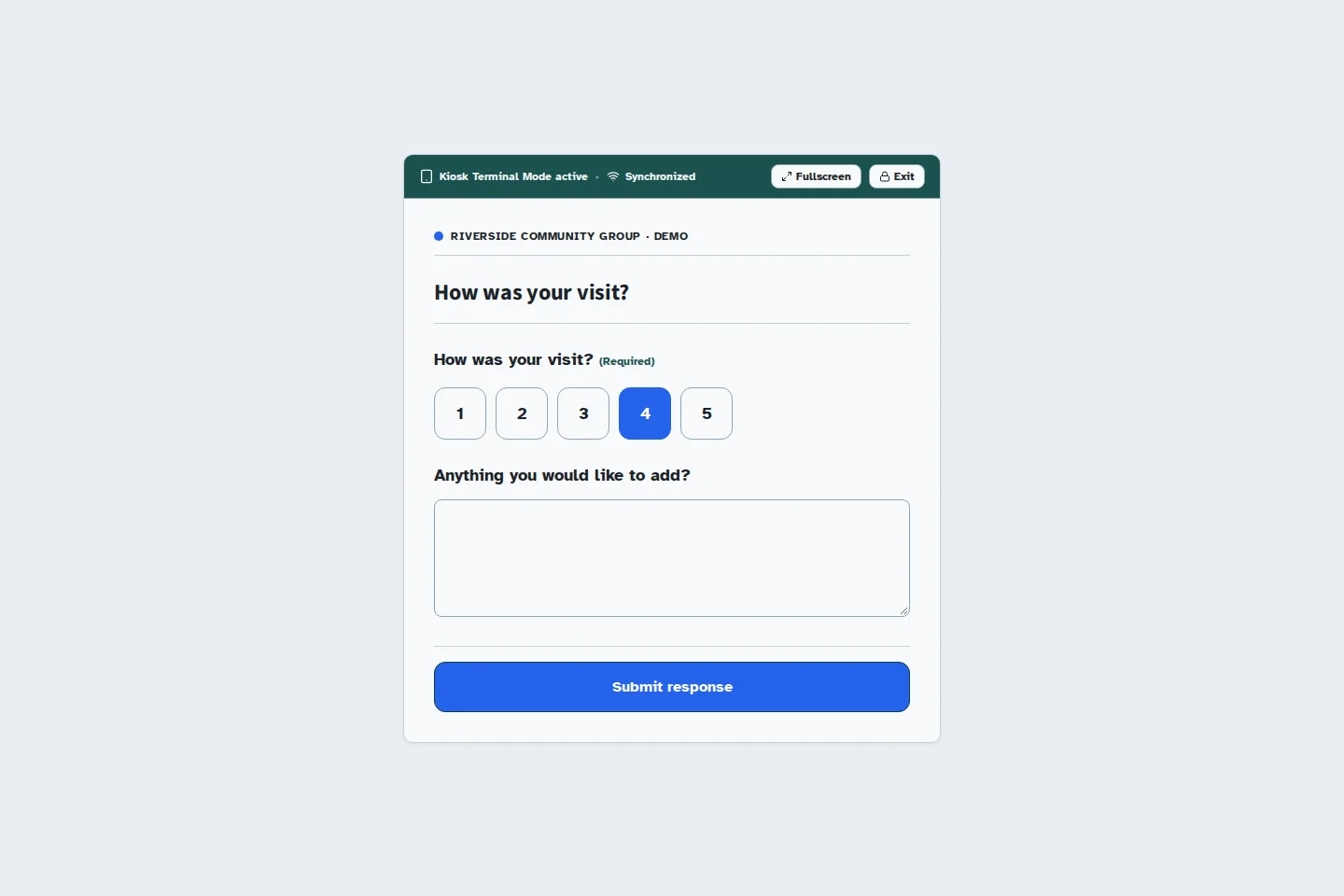 A demonstration survey in web kiosk mode asking “How was your visit?”, with rating buttons from 1 to 5 and 4 selected.