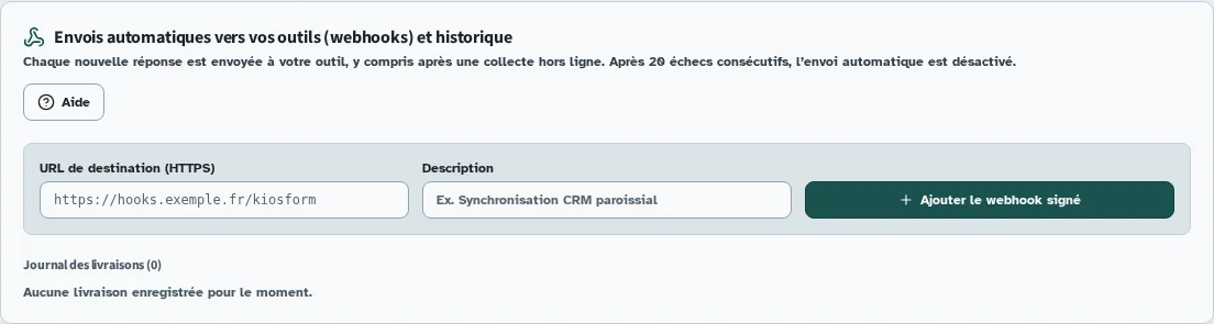 Écran Kiosform : recevoir et vérifier un webhook signé, avec des données de démonstration.